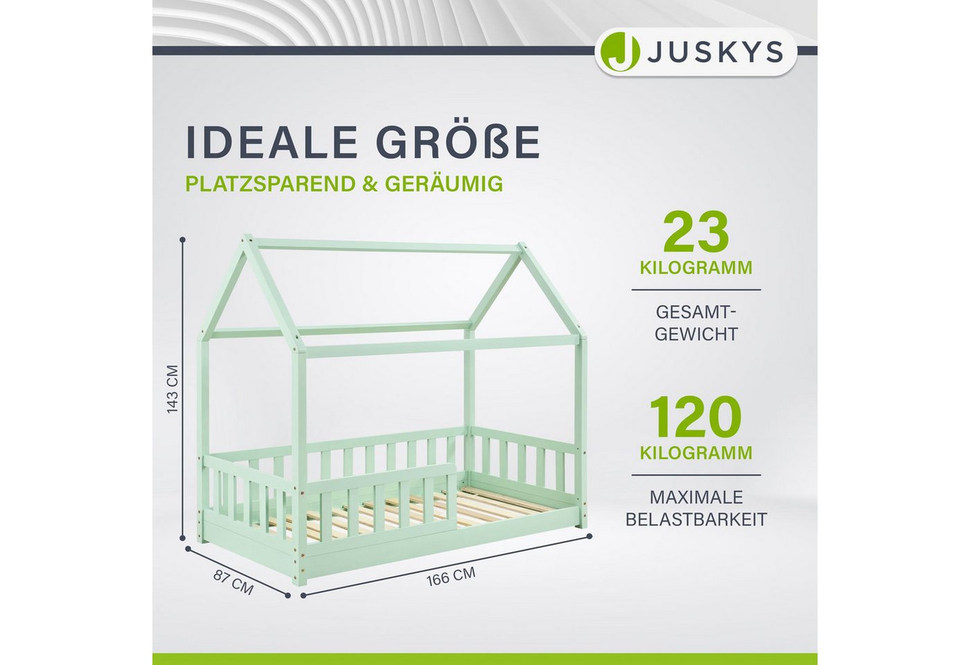 Juskys Kinderbett Marli, 80x160 cm, Hausoptik mit Dach, Holz, Rausfallschutz, 3 - 10 Jahren – Bild 3 von 5