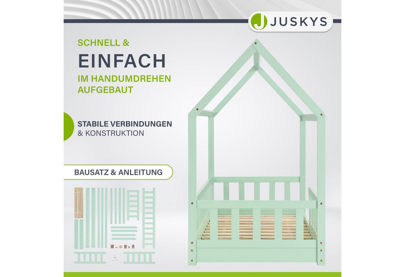 Juskys Kinderbett Marli, 80x160 cm, Hausoptik mit Dach, Holz, Rausfallschutz, 3 - 10 Jahren – Bild 4 von 5