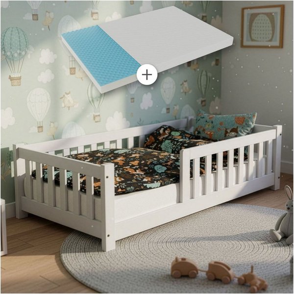 Juskys Kinderbett Naya, 90x200 cm Bodenbett, Holz, mit Matratze, Rausfallschutz & Lattenrost