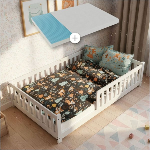Juskys Kinderbett Naya, 120x200 cm Bodenbett, Holz, mit Matratze, Rausfallschutz & Lattenrost