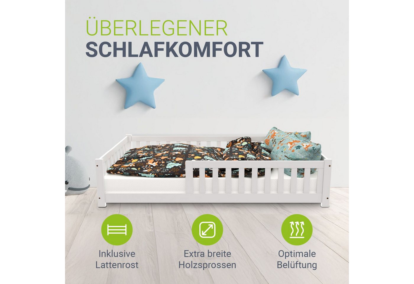 Juskys Kinderbett Naya, 120x200 cm Bodenbett, Holz, mit Matratze, Rausfallschutz & Lattenrost – Bild 2 von 5