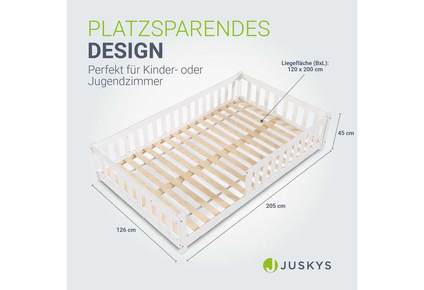 Juskys Kinderbett Naya, 120x200 cm Bodenbett, Holz, mit Matratze, Rausfallschutz & Lattenrost – Bild 4 von 5