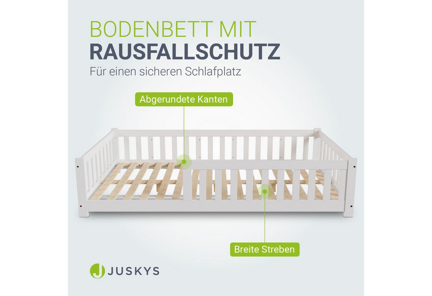 Juskys Kinderbett Naya, 120x200 cm Bodenbett, Holz, mit Matratze, Rausfallschutz & Lattenrost – Bild 5 von 5
