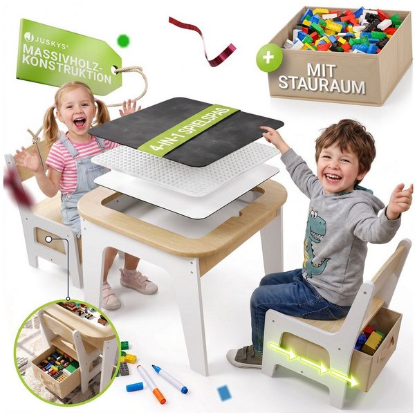 Juskys Kindersitzgruppe Milou, Set mit 2 Stühlen & 1 Tisch, Holz Spieltisch, Stauraum & Wendeplatten