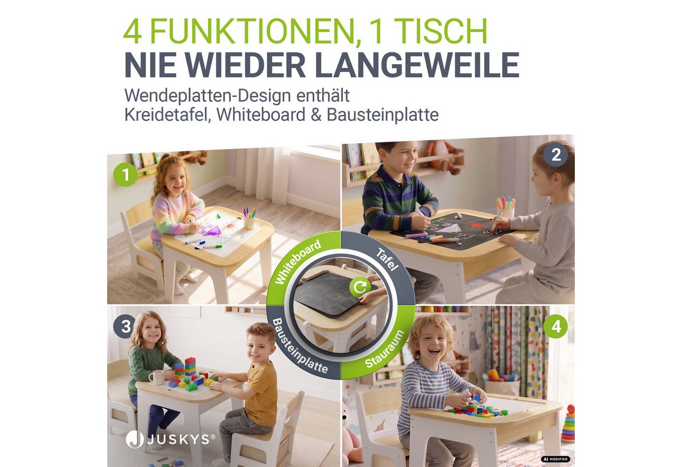 Juskys Kindersitzgruppe Milou, Set mit 2 Stühlen & 1 Tisch, Holz Spieltisch, Stauraum & Wendeplatten – Bild 2 von 5