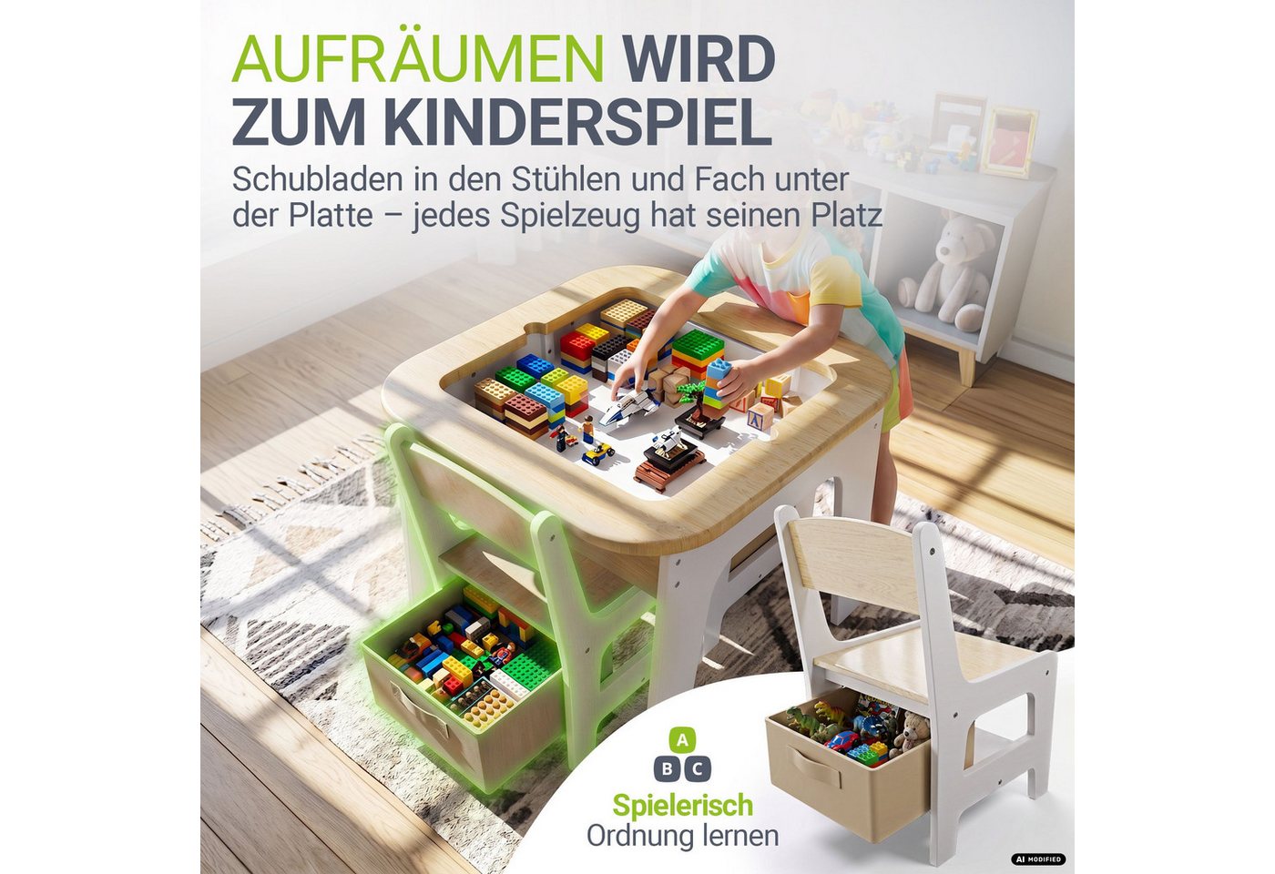 Juskys Kindersitzgruppe Milou, Set mit 2 Stühlen & 1 Tisch, Holz Spieltisch, Stauraum & Wendeplatten – Bild 3 von 5