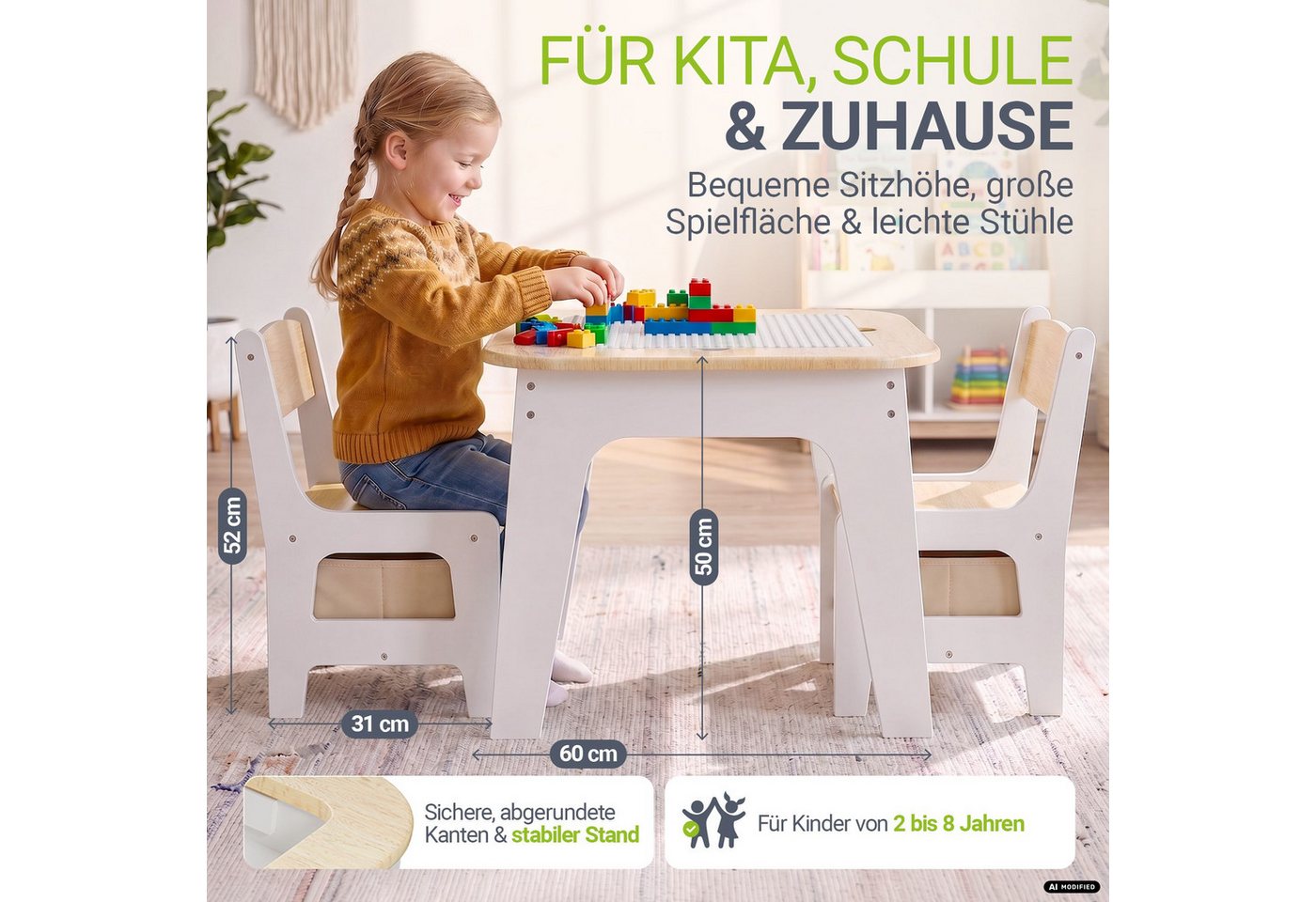 Juskys Kindersitzgruppe Milou, Set mit 2 Stühlen & 1 Tisch, Holz Spieltisch, Stauraum & Wendeplatten – Bild 4 von 5