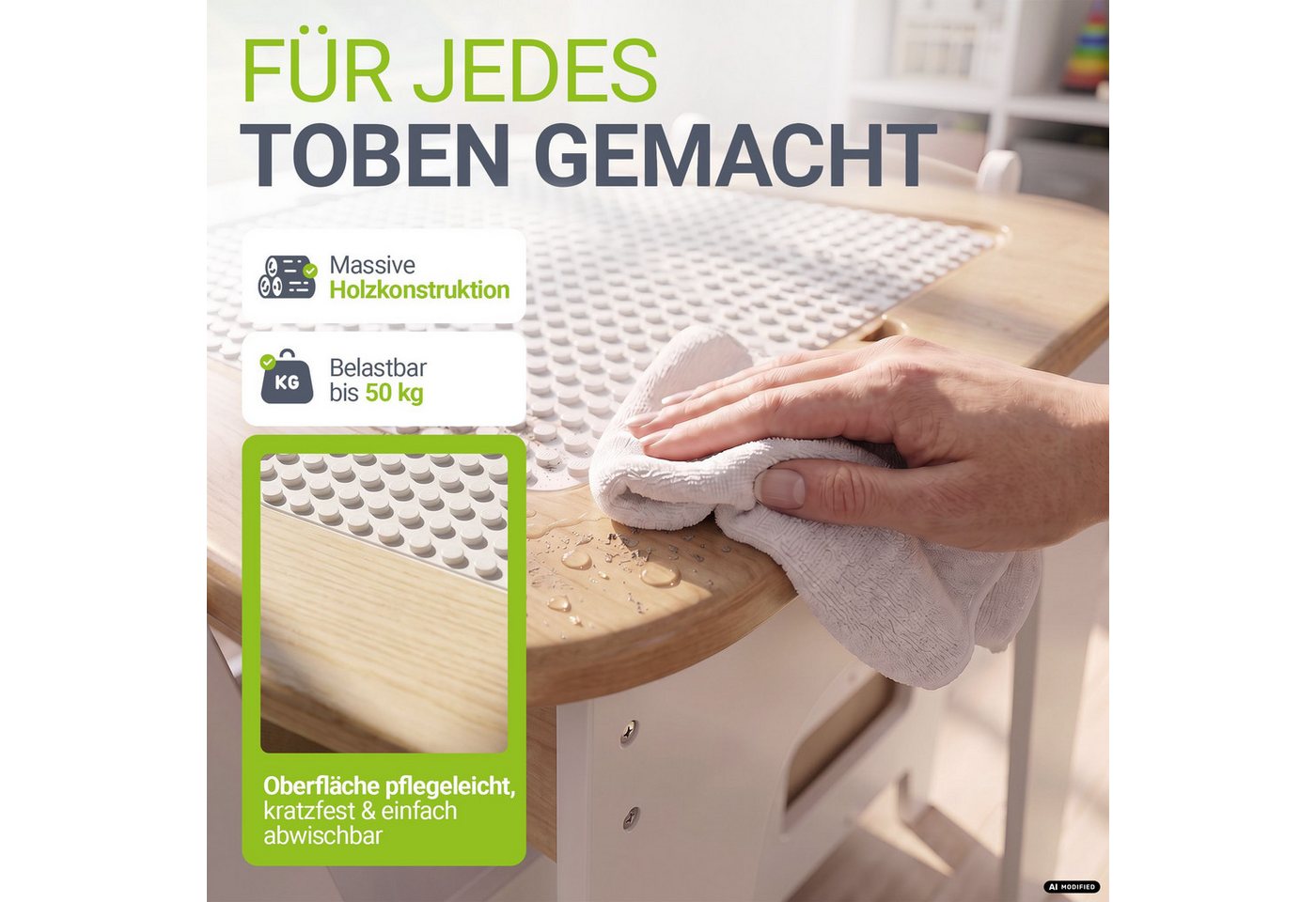 Juskys Kindersitzgruppe Milou, Set mit 2 Stühlen & 1 Tisch, Holz Spieltisch, Stauraum & Wendeplatten – Bild 5 von 5