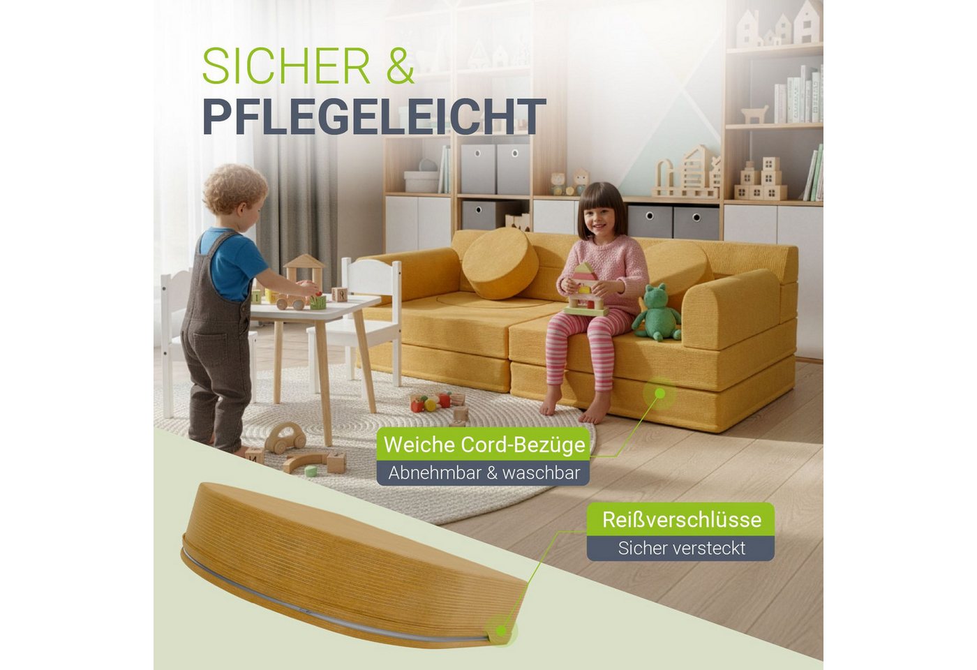 Juskys Kindersofa Kayo, 12 Teile, Modulares Spielsofa, Waschbare Cord-Bezüge, 12-teiliges Set mit Kissen – Bild 3 von 5