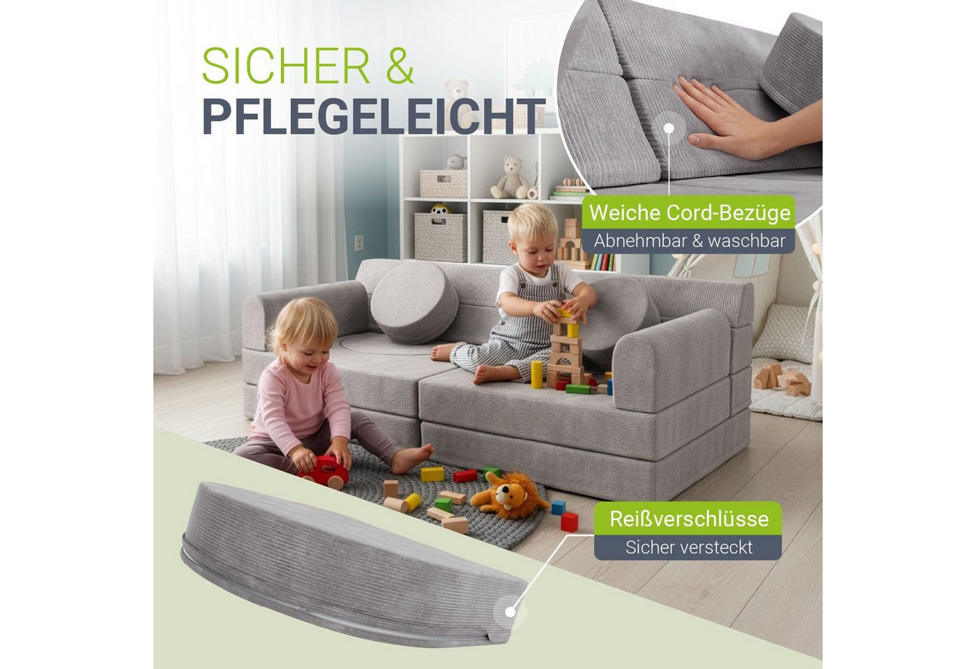 Juskys Kindersofa Kayo, 12 Teile, Modulares Spielsofa, Waschbare Cord-Bezüge, 12-teiliges Set mit Kissen – Bild 3 von 5
