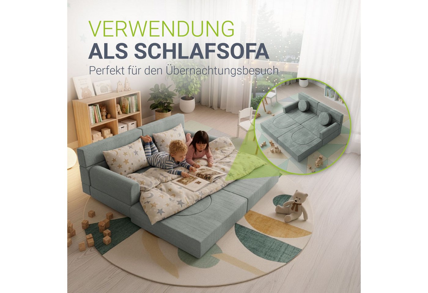 Juskys Kindersofa Kayo, 12 Teile, Modulares Spielsofa, Waschbare Cord-Bezüge, 12-teiliges Set mit Kissen – Bild 2 von 5