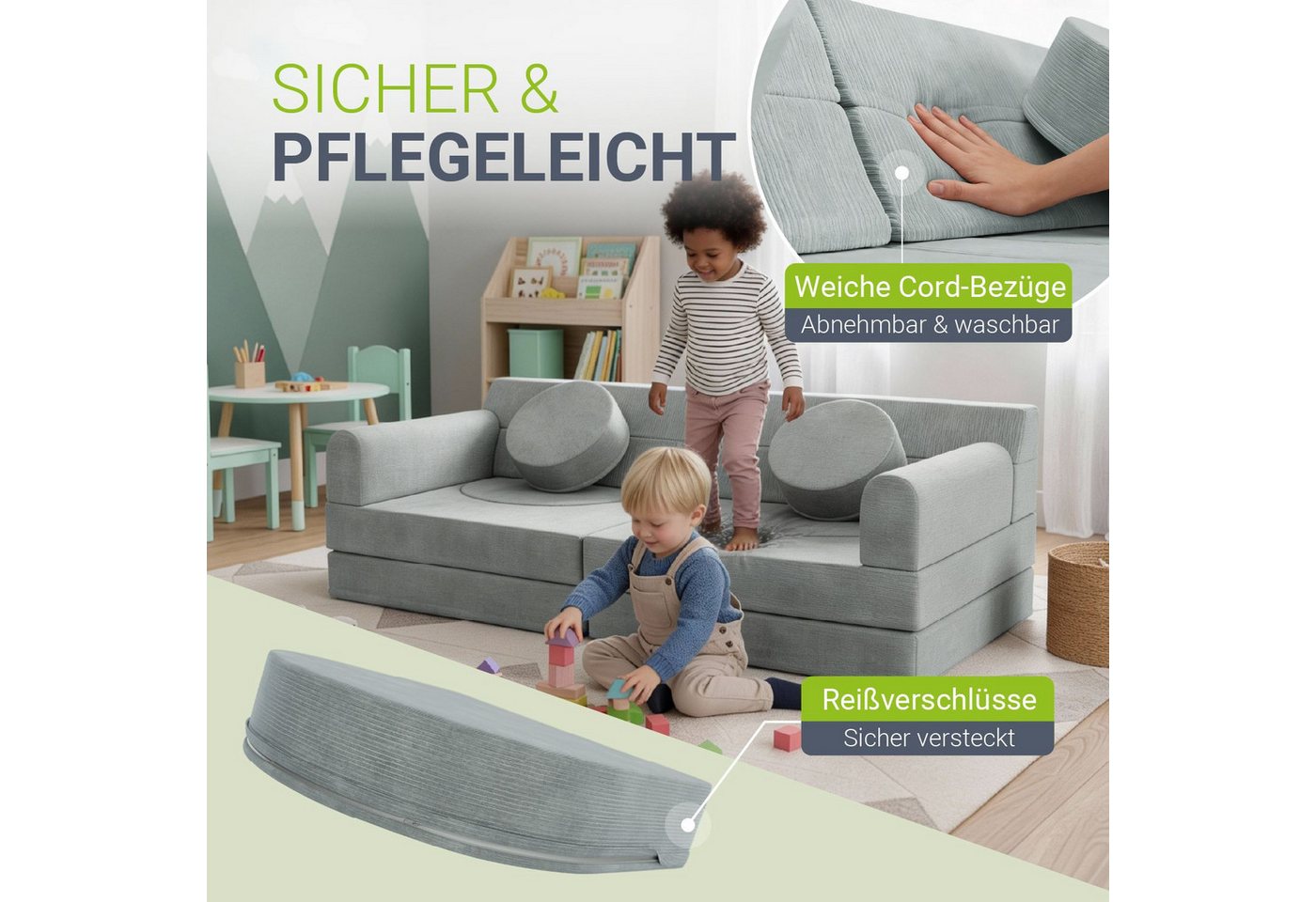 Juskys Kindersofa Kayo, 12 Teile, Modulares Spielsofa, Waschbare Cord-Bezüge, 12-teiliges Set mit Kissen – Bild 3 von 5