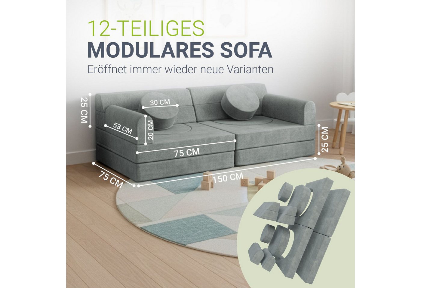 Juskys Kindersofa Kayo, 12 Teile, Modulares Spielsofa, Waschbare Cord-Bezüge, 12-teiliges Set mit Kissen – Bild 5 von 5