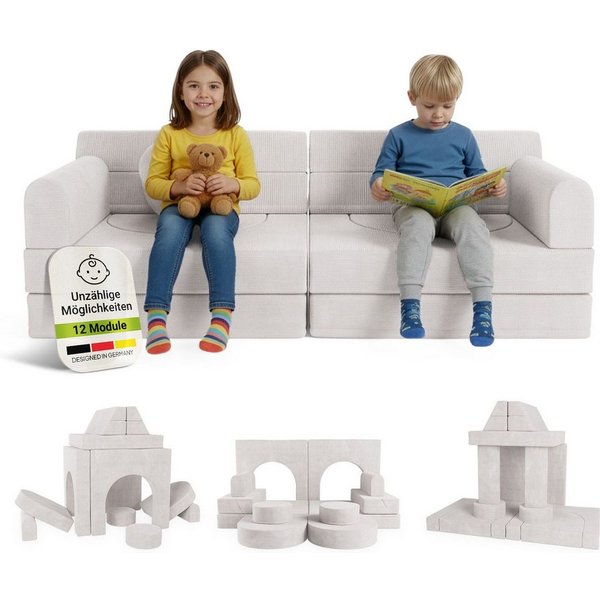 Juskys Kindersofa Kayo, 12 Teile, Modulares Spielsofa, Waschbare Cord-Bezüge, 12-teiliges Set mit Kissen