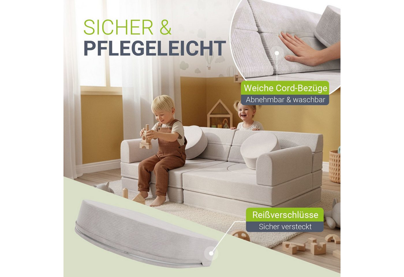 Juskys Kindersofa Kayo, 12 Teile, Modulares Spielsofa, Waschbare Cord-Bezüge, 12-teiliges Set mit Kissen – Bild 3 von 5