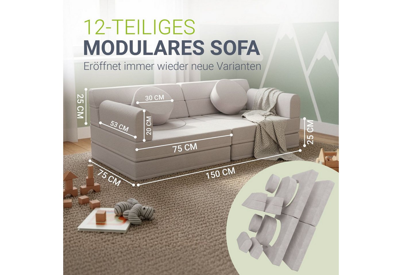 Juskys Kindersofa Kayo, 12 Teile, Modulares Spielsofa, Waschbare Cord-Bezüge, 12-teiliges Set mit Kissen – Bild 5 von 5