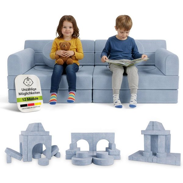 Juskys Kindersofa Kayo, 12 Teile, Modulares Spielsofa, Waschbare Cord-Bezüge, 12-teiliges Set mit Kissen