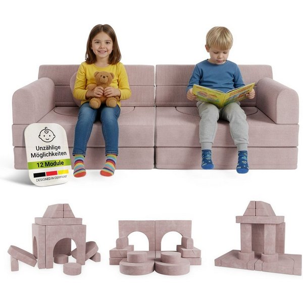 Juskys Kindersofa Kayo, 12 Teile, Modulares Spielsofa, Waschbare Cord-Bezüge, 12-teiliges Set mit Kissen