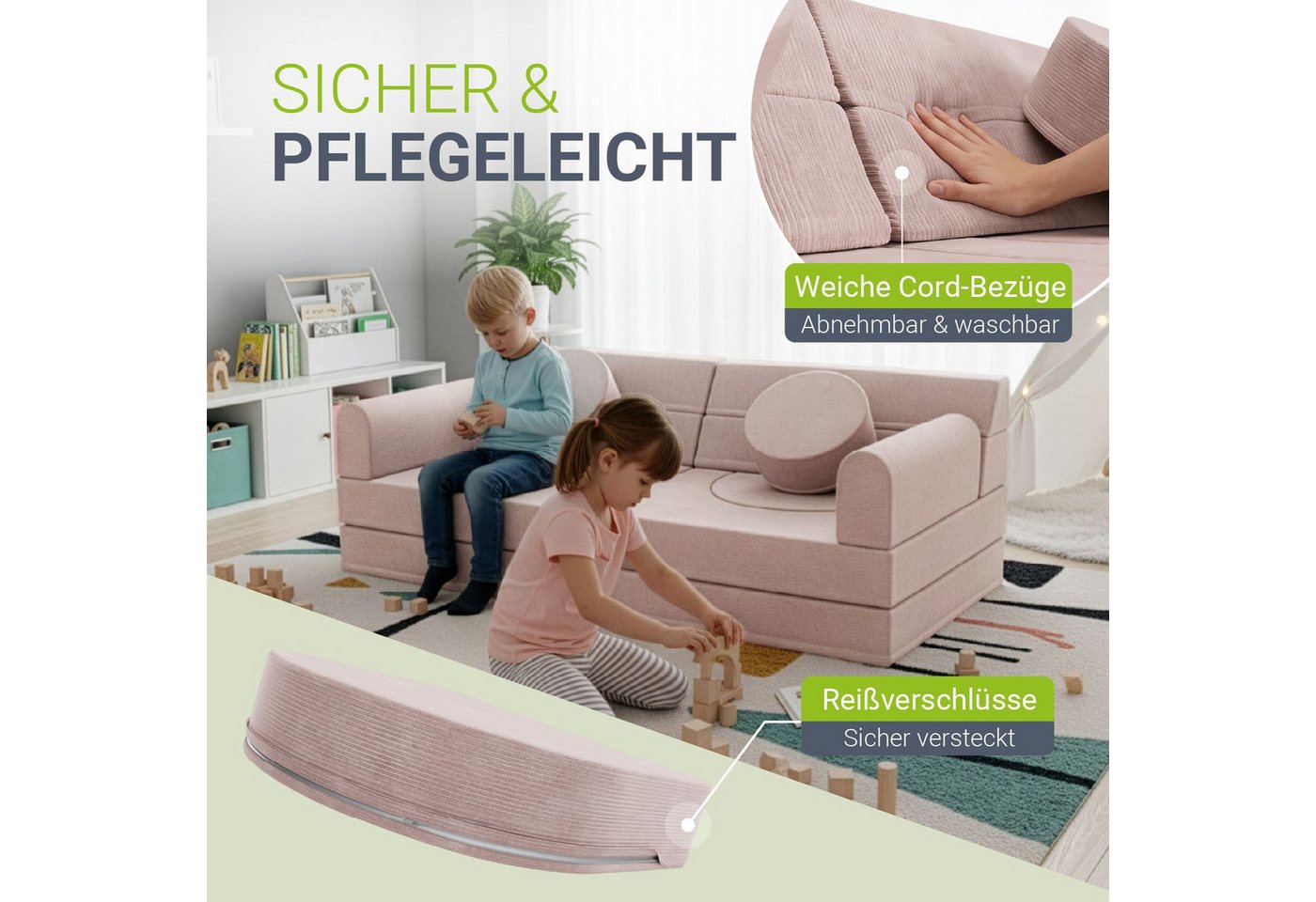 Juskys Kindersofa Kayo, 12 Teile, Modulares Spielsofa, Waschbare Cord-Bezüge, 12-teiliges Set mit Kissen – Bild 3 von 5