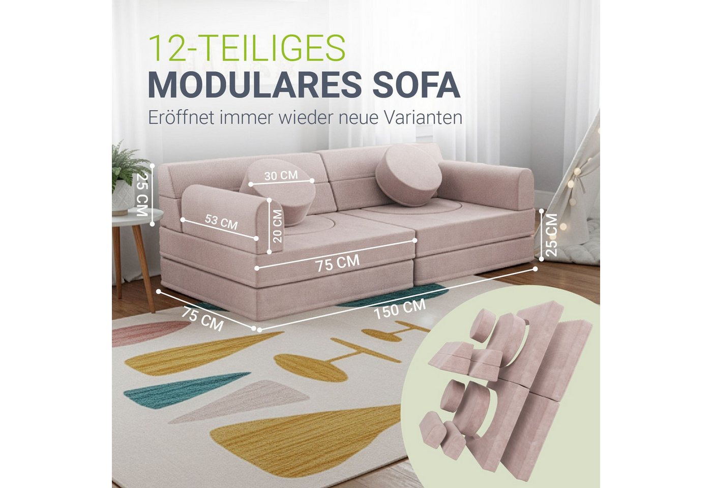 Juskys Kindersofa Kayo, 12 Teile, Modulares Spielsofa, Waschbare Cord-Bezüge, 12-teiliges Set mit Kissen – Bild 5 von 5