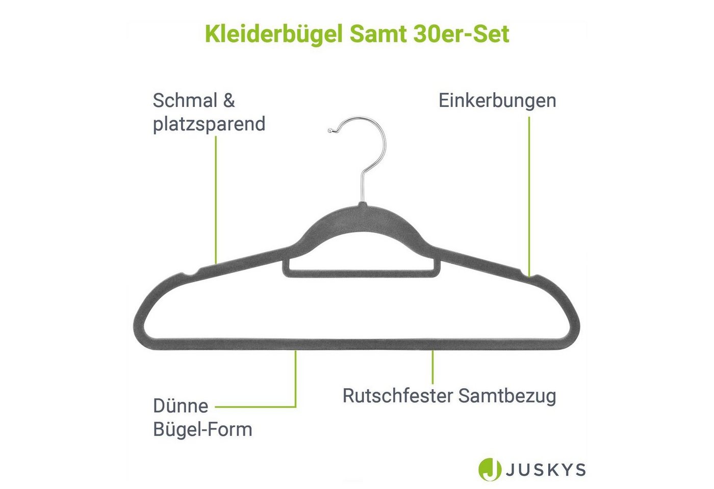 Juskys Kleiderbügel, (30-tlg), Set, schmale Samt Bügel, rutschfest, Kleiderhaken drehbar – Bild 3 von 5