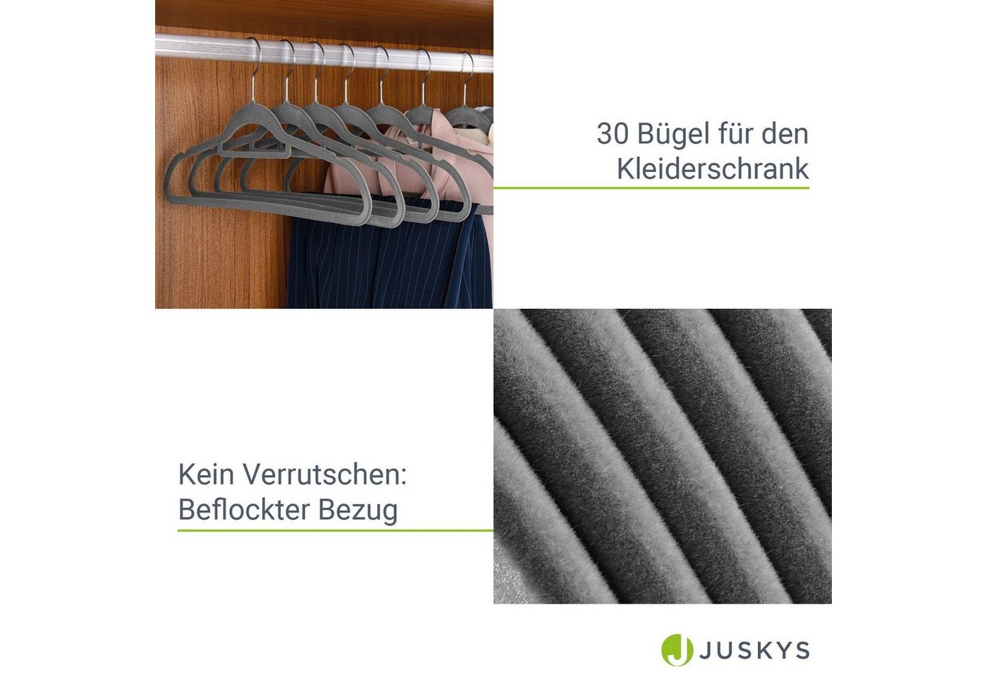 Juskys Kleiderbügel, (30-tlg), Set, schmale Samt Bügel, rutschfest, Kleiderhaken drehbar – Bild 4 von 5