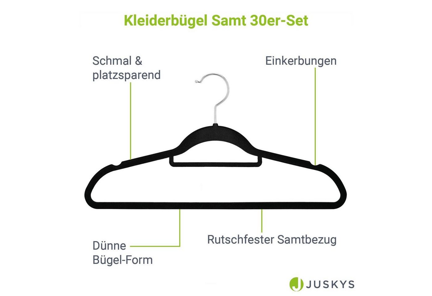 Juskys Kleiderbügel, (30-tlg), Set, schmale Samt Bügel, rutschfest, Kleiderhaken drehbar – Bild 3 von 5