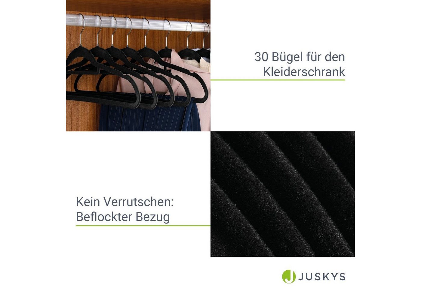 Juskys Kleiderbügel, (30-tlg), Set, schmale Samt Bügel, rutschfest, Kleiderhaken drehbar – Bild 4 von 5