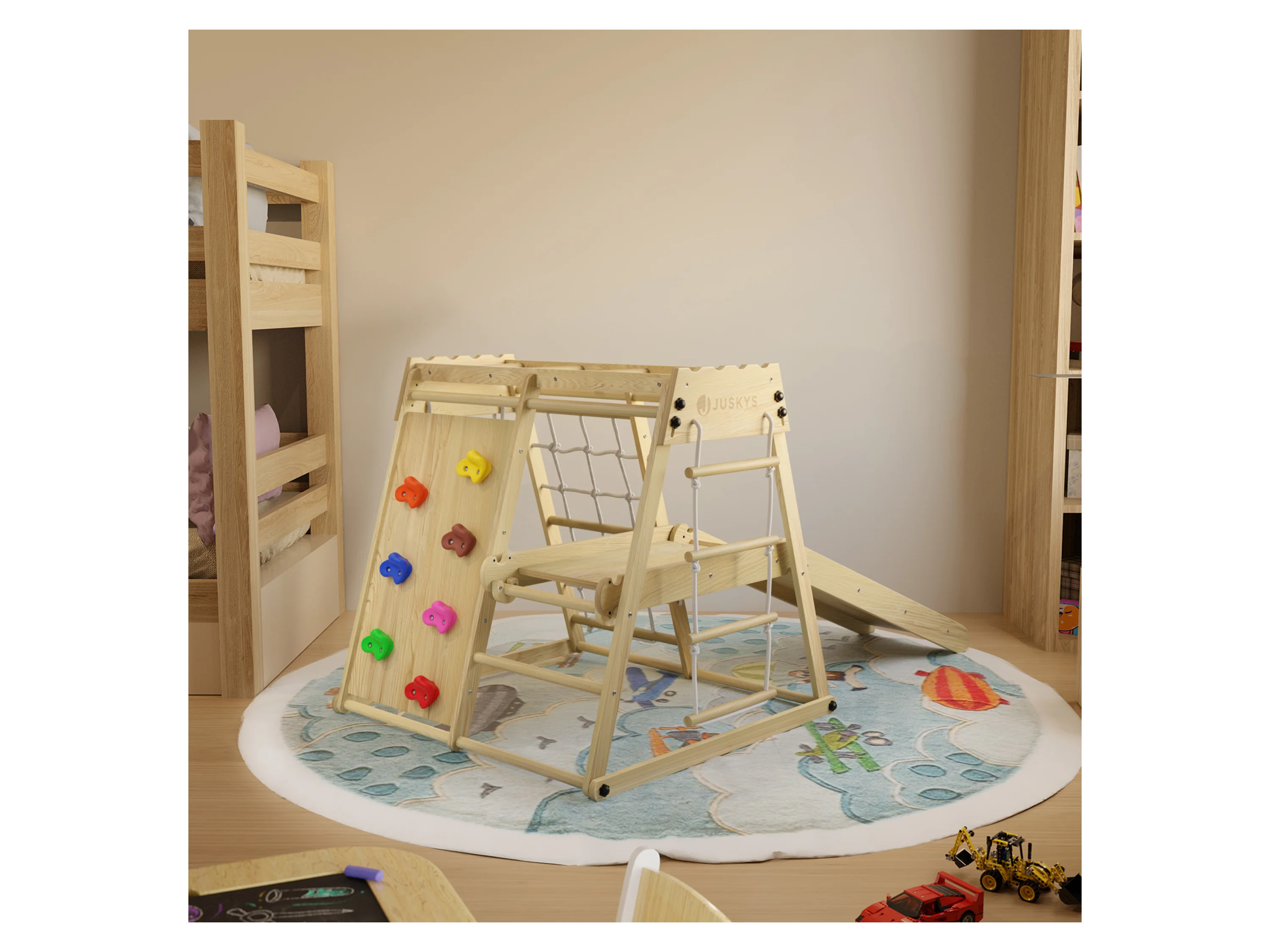 Juskys Klettergerüst Mini, für Kinder, Holz, Indoor Spielplatz klappbar, Rutsche & Kletterwand – Bild 2 von 4