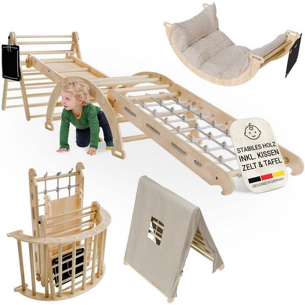 Juskys Klettergerüst Movario Groß, (6-St), Indoor Kletterdreieck, Kletterbogen mit Kissen, Rutsche, Tafel