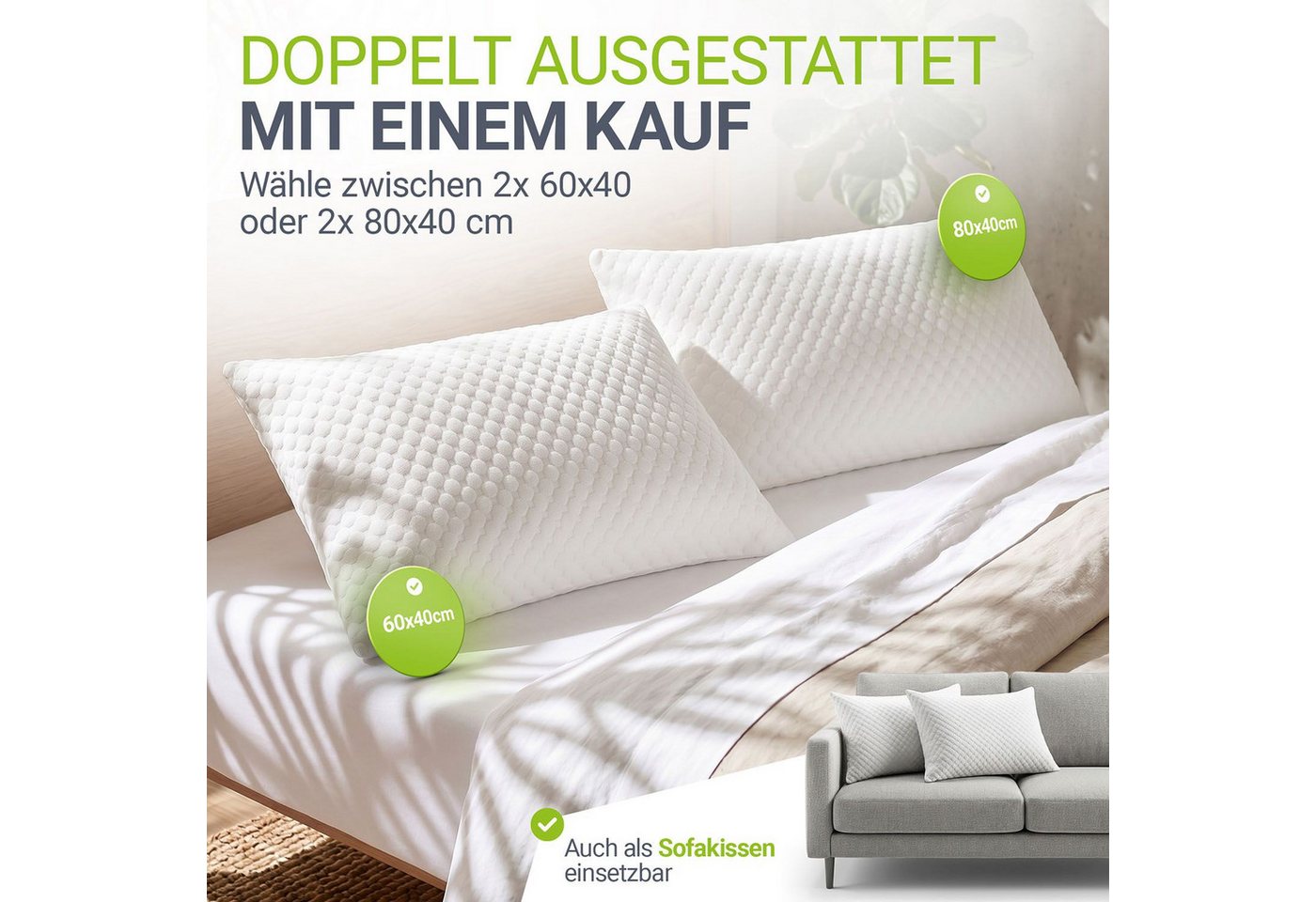 Juskys Kopfkissen, Füllung: 700 g + 100 g zerkleinerter Memory Schaum, 40x60 cm, 2er Set Kissen mit Memory-Foam, atmungsaktiv & hypoallergen – Bild 3 von 5