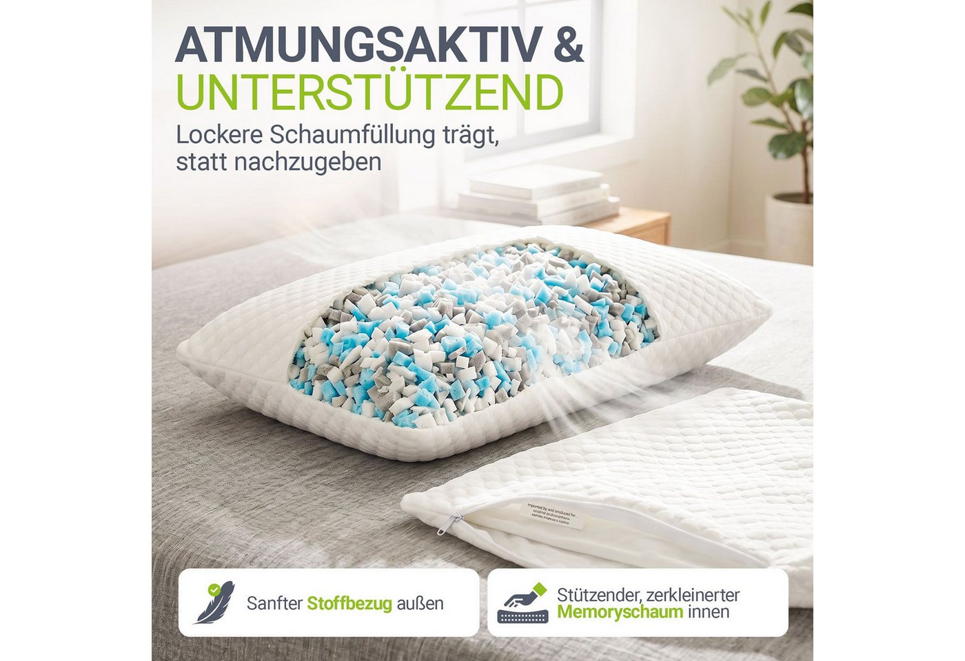 Juskys Kopfkissen, Füllung: 700 g + 100 g zerkleinerter Memory Schaum, 40x60 cm, 2er Set Kissen mit Memory-Foam, atmungsaktiv & hypoallergen – Bild 4 von 5