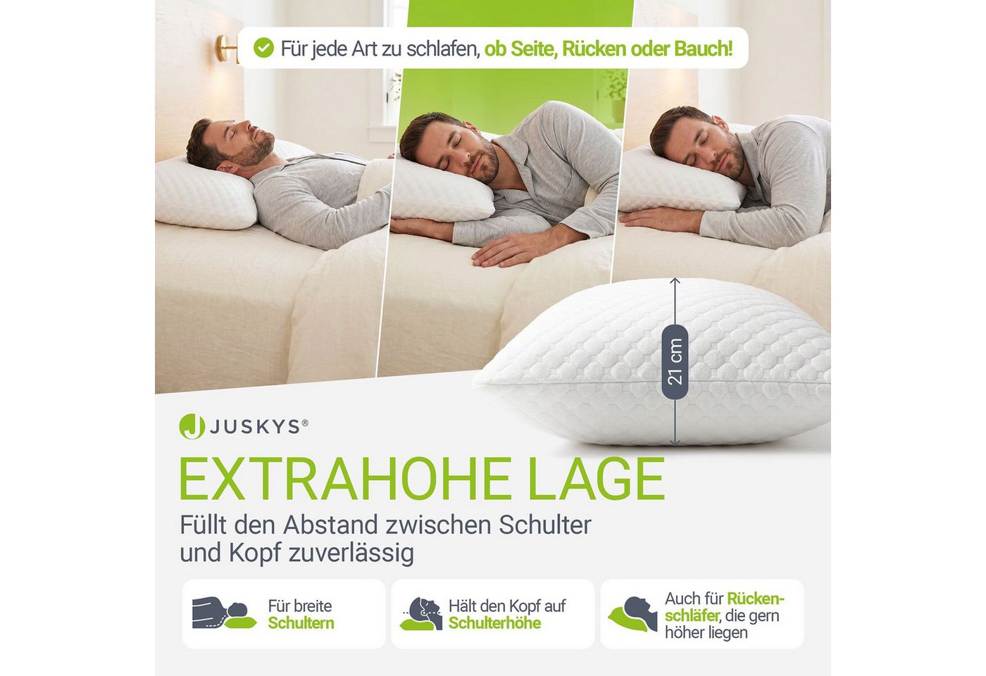 Juskys Kopfkissen, Füllung: 700 g + 100 g zerkleinerter Memory Schaum, 40x60 cm, 2er Set Kissen mit Memory-Foam, atmungsaktiv & hypoallergen – Bild 5 von 5