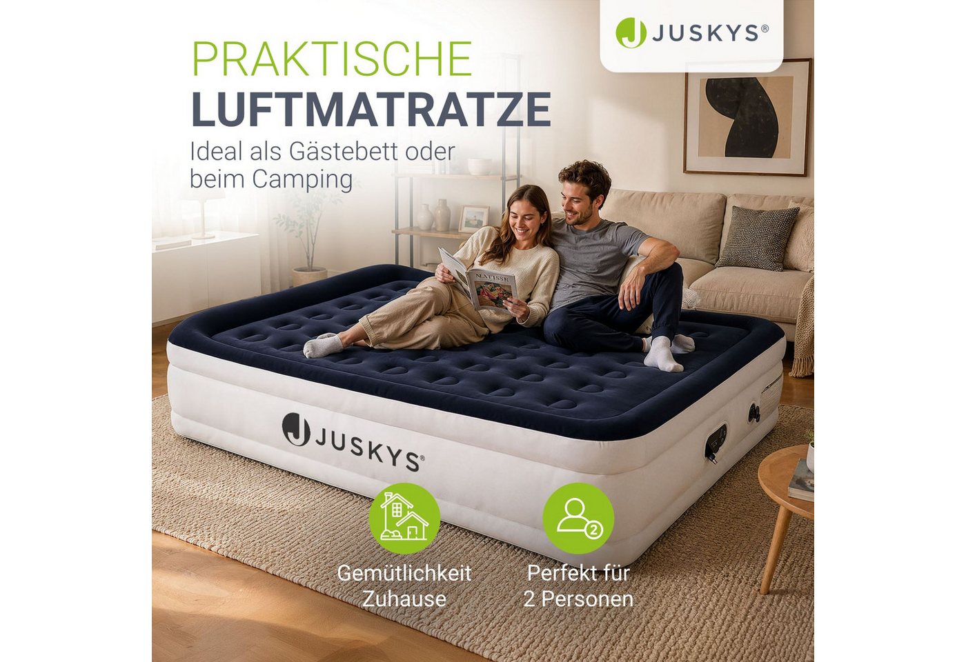 Juskys Luftmatratze Sapri L, Doppel-Luftbett, selbstaufblasend, wasserdicht, inkl. Pumpe, Tasche – Bild 2 von 5