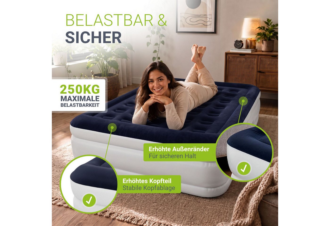 Juskys Luftmatratze Sapri L, Doppel-Luftbett, selbstaufblasend, wasserdicht, inkl. Pumpe, Tasche – Bild 4 von 5