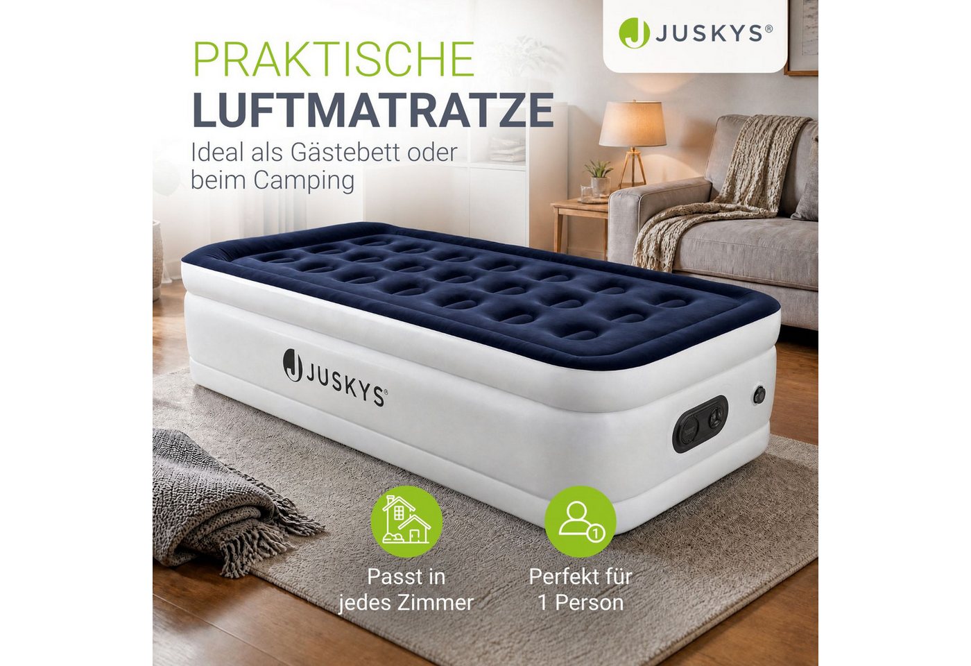 Juskys Luftmatratze Sapri M, Einzel-Luftbett, selbstaufblasend, wasserdicht, inkl. Pumpe, Tasche – Bild 2 von 5