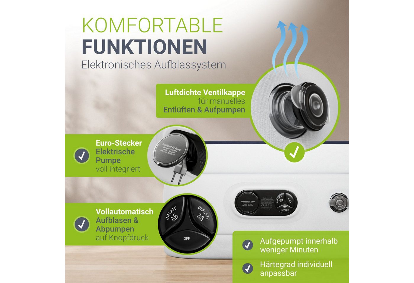 Juskys Luftmatratze Sapri M, Einzel-Luftbett, selbstaufblasend, wasserdicht, inkl. Pumpe, Tasche – Bild 3 von 5