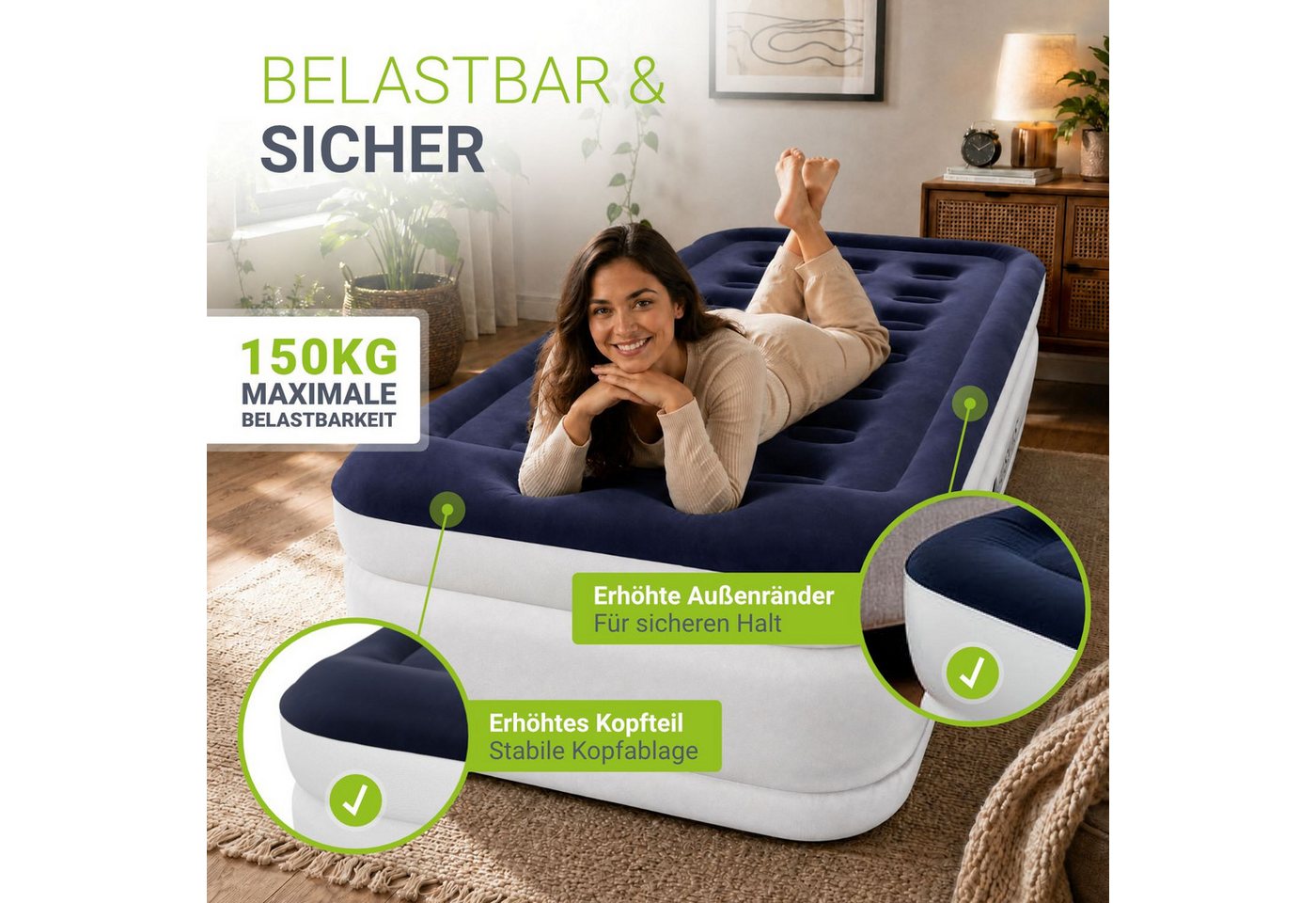 Juskys Luftmatratze Sapri M, Einzel-Luftbett, selbstaufblasend, wasserdicht, inkl. Pumpe, Tasche – Bild 4 von 5