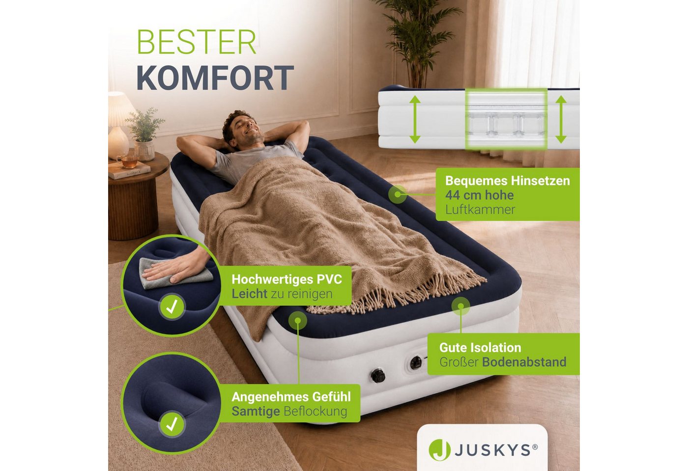 Juskys Luftmatratze Sapri M, Einzel-Luftbett, selbstaufblasend, wasserdicht, inkl. Pumpe, Tasche – Bild 5 von 5
