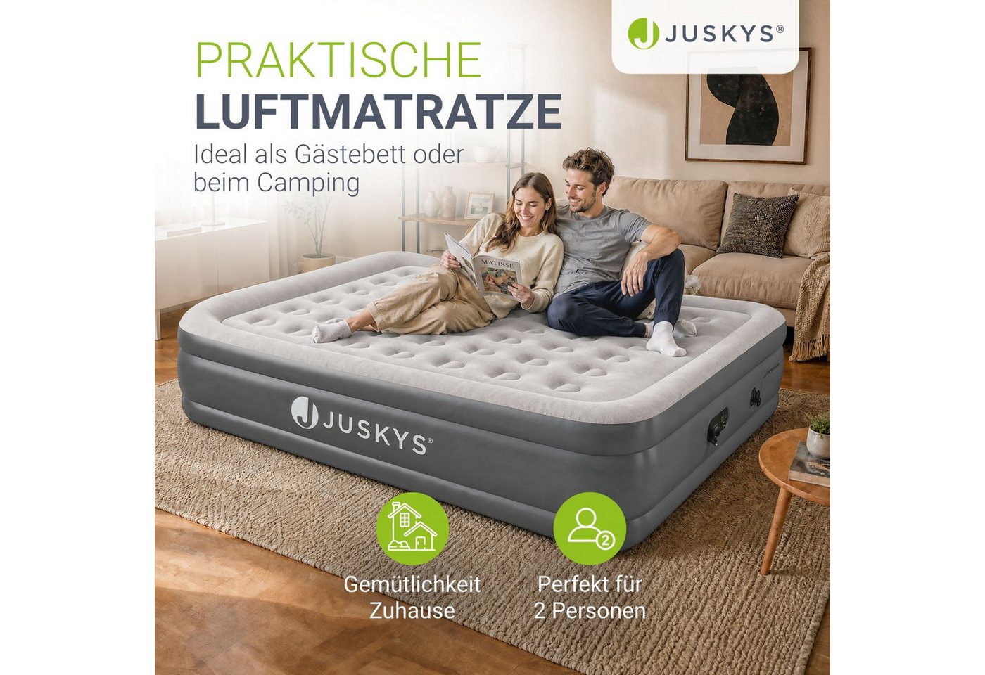 Juskys Luftmatratze Sapri, Doppel-Luftbett, selbstaufblasend, wasserdicht, inkl. Pumpe, Tasche – Bild 2 von 5