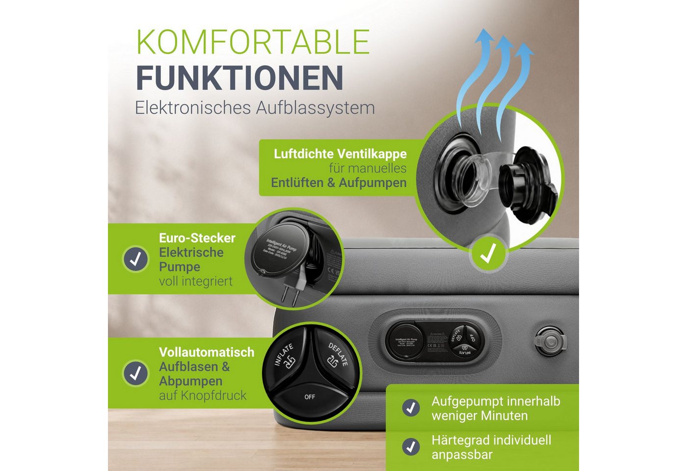Juskys Luftmatratze Sapri, Doppel-Luftbett, selbstaufblasend, wasserdicht, inkl. Pumpe, Tasche – Bild 3 von 5