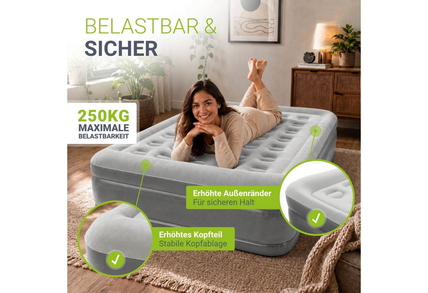 Juskys Luftmatratze Sapri, Doppel-Luftbett, selbstaufblasend, wasserdicht, inkl. Pumpe, Tasche – Bild 4 von 5
