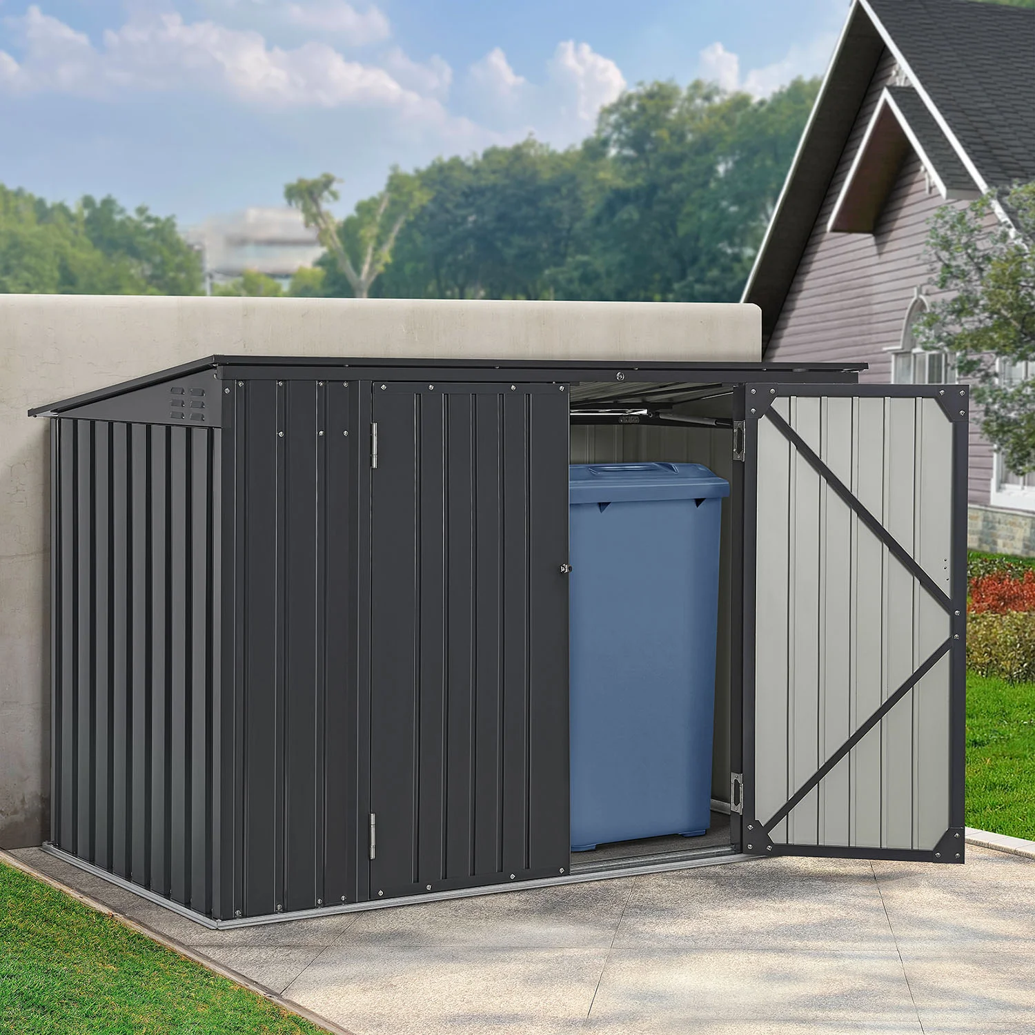 Juskys Mülltonnenbox Namur, verschließbar, Deckel mit Gasdruckfeder, Befestigungskette – Bild 3 von 4