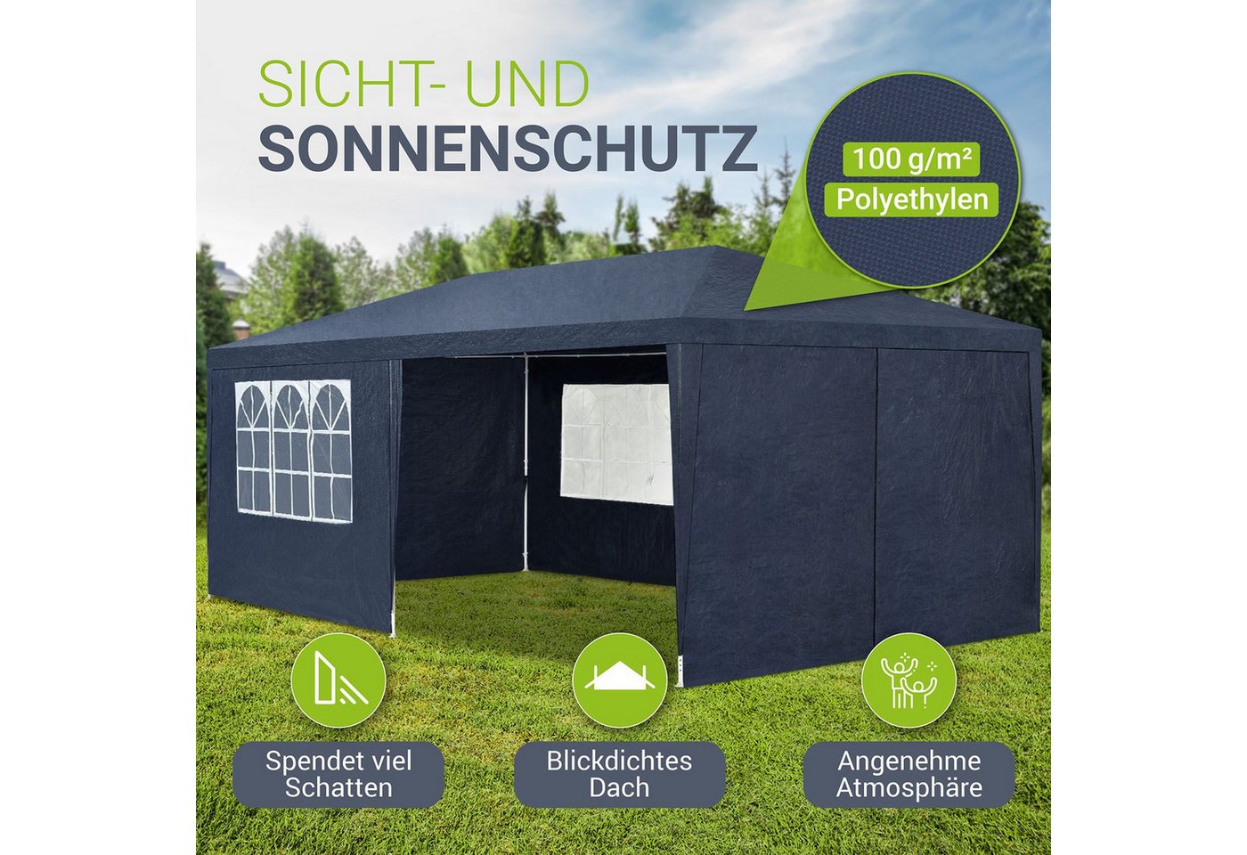 Juskys Partyzelt Partyzelt, mit 6 Seitenteilen, einfacher Aufbau, Sonnen und Sichtschutz, große Grundfläche – Bild 3 von 5