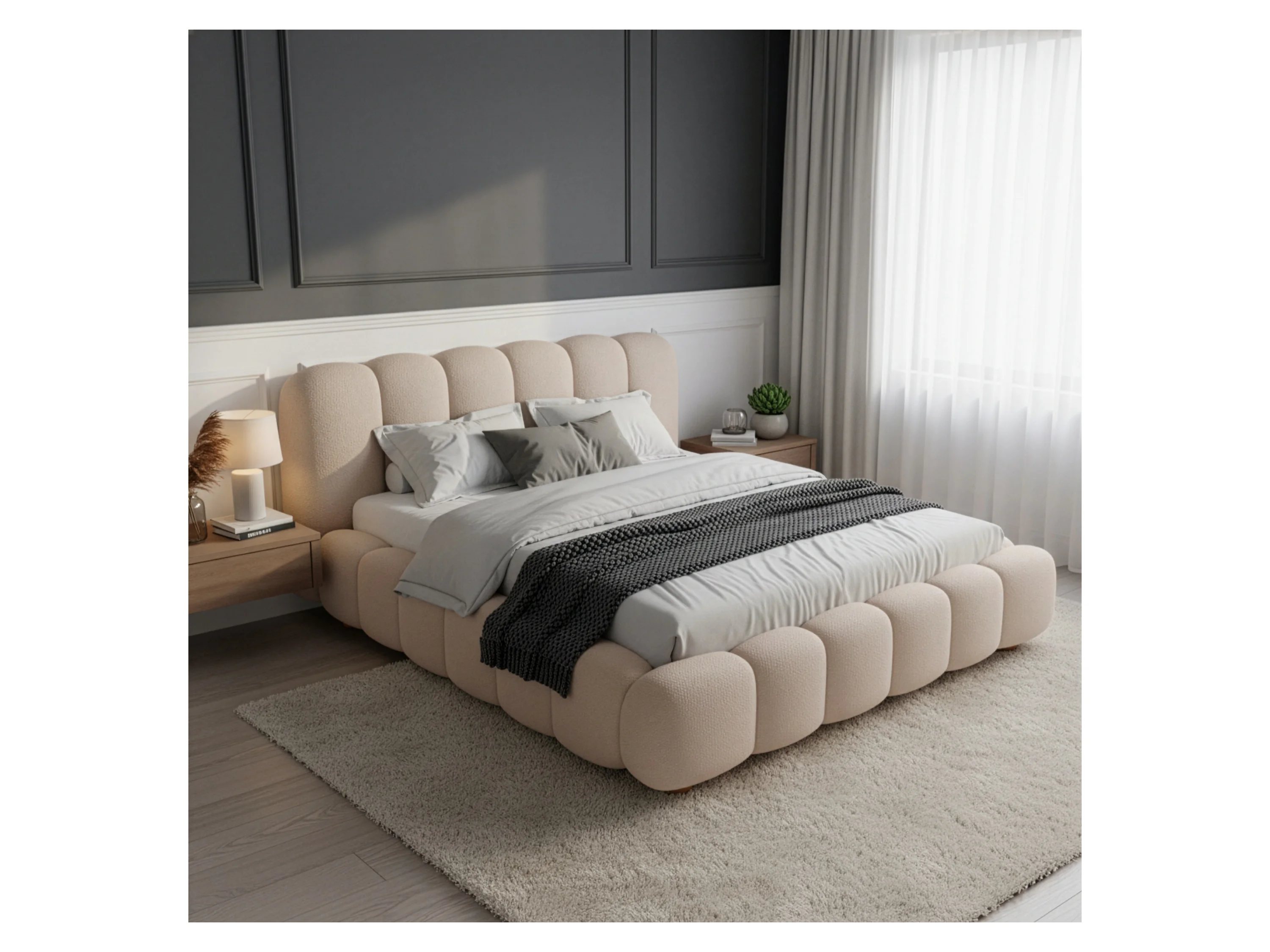 Juskys Polsterbett Catania, Gepolstertes Kopfteil, Bubble Design, Bouclé Stoff – Bild 2 von 4