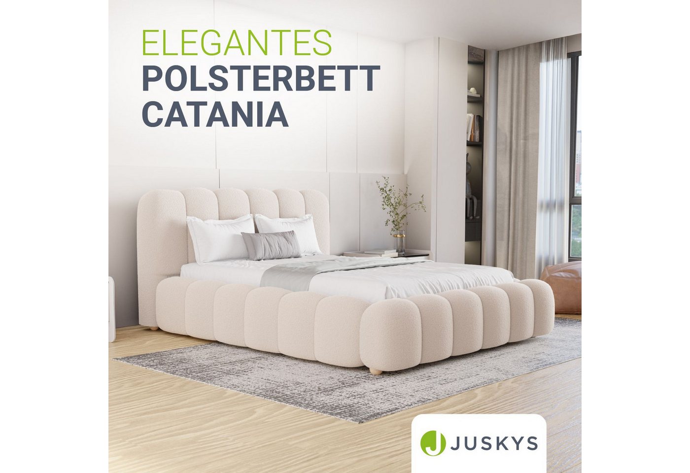 Juskys Polsterbett Catania, Mit Matratze, gepolstertes Kopfteil, Bubble Design, Bouclé Stoff – Bild 2 von 5