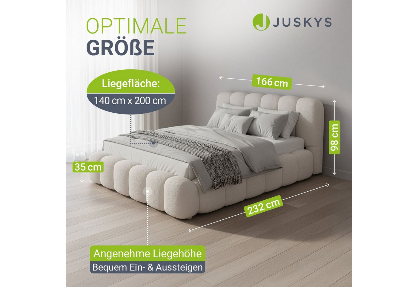 Juskys Polsterbett Catania, Mit Matratze, gepolstertes Kopfteil, Bubble Design, Bouclé Stoff – Bild 3 von 5