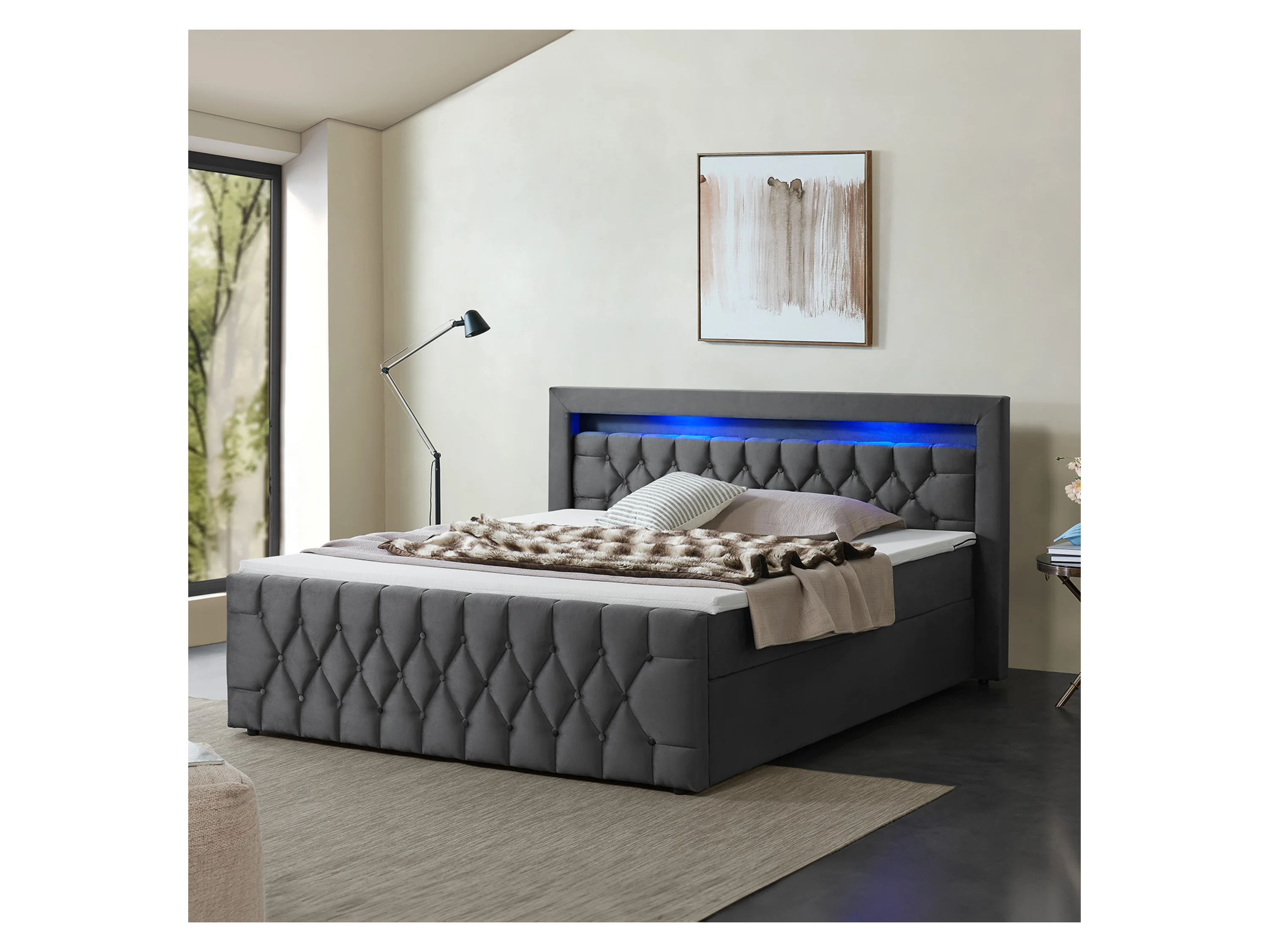 Juskys Polsterbett Leona, 180x200 cm, Boxspringbett-Optik, Samt-Bezug, LED-Licht, H4 Matratze – Bild 3 von 4