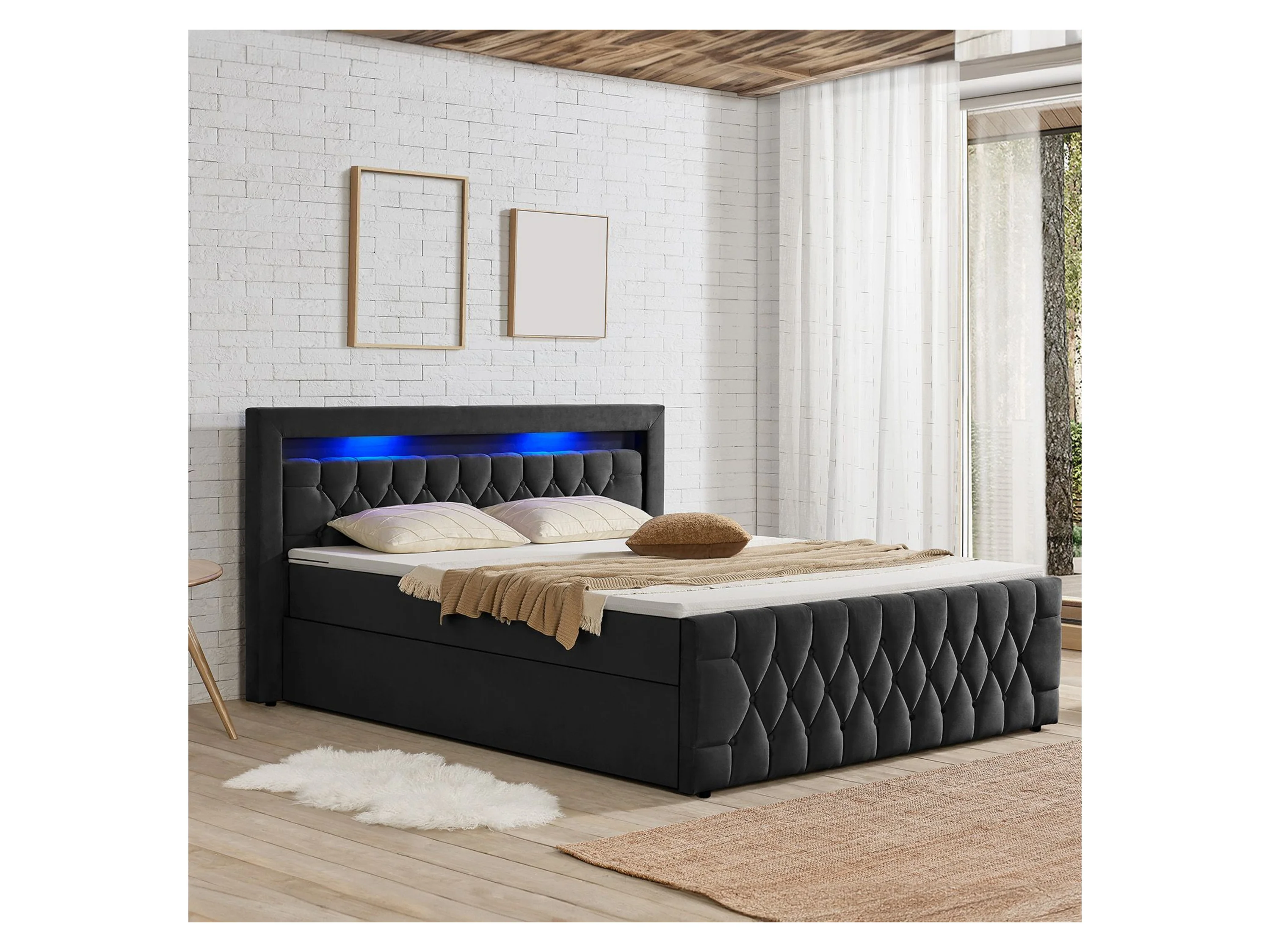 Juskys Polsterbett Leona, 180x200 cm, Boxspringbett-Optik, Samt-Bezug, LED-Licht, H4 Matratze – Bild 2 von 4