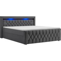 Juskys Polsterbett Leona, 140x200 cm, Boxspringbett-Optik, Samt-Bezug, LED-Licht, H4 Matratze